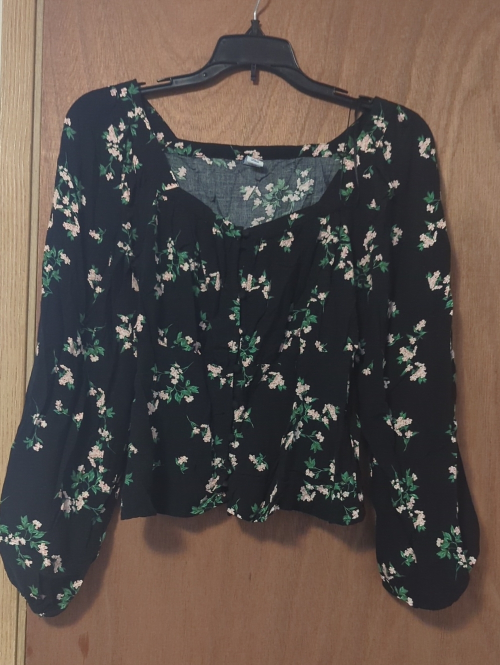 Old Navy Black Floral Peasant Blouse with Green & Pink Print
